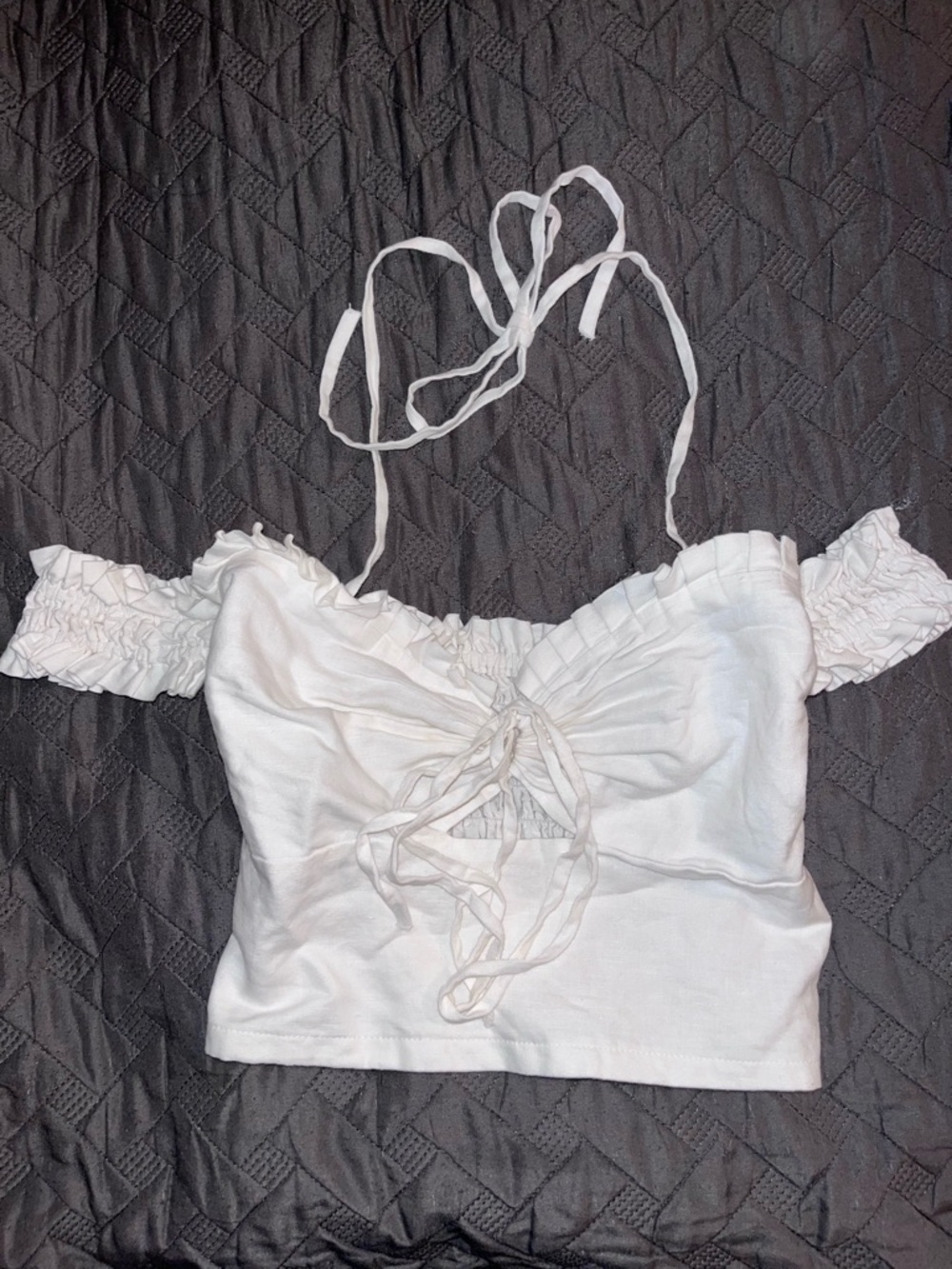 Vintage White Linen Off-Shoulder Tie-Front Halter Crop Top